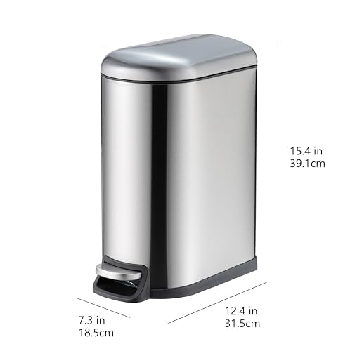 Amazon Basics D-Shaped Small Trash Can with Soft-Close Step Pedal, Removable Inner Bucket, Carrying Handle, Smudge Resistant, 10 l / 2.6 gallon, Silver