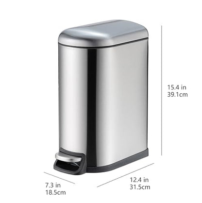 Amazon Basics D-Shaped Small Trash Can with Soft-Close Step Pedal, Removable Inner Bucket, Carrying Handle, Smudge Resistant, 10 l / 2.6 gallon, Silver