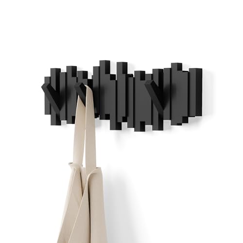 Umbra Sticks Wall Mount Coat Rack, 5 Hook Retractable Pegs, Black | Mounting hardware included, sculptural modern design, entryway or bedroom use, recycled plastic