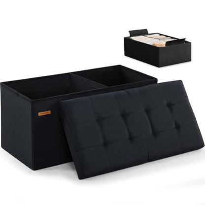 HAUSFRAU Ottoman with Storage Bench Folding Foot Rest Stool Linen Black | 31.5", Flip Lid, Small Upholstered Foldable Footrest Footstool, Bedroom Bench, Living Room Dorm Ottoman, Rectangle