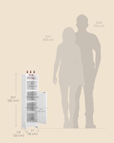 VASAGLE Small Storage Corner Floor Cabinet with Door, 7.9 x 7.1 x 31.5 Inches, Narrow Toilet Paper Storage Holder, Adjustable Shelves, for Bathroom, Living Room, Small Spaces, Cloud White UBBC310W01