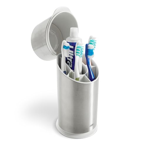 OXO Good Grips Stainless Steel Toothbrush Organizer, Bathroom Organizer and Storage, Toothbrush Holder for Countertop, Sleek Modern Bathroom Accessories