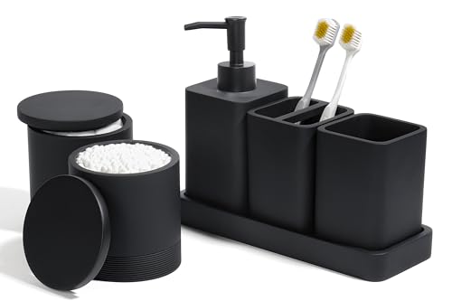 Bathroom Accessories Set, 6 Piece Soap Dispenser Set - Matte Black | Bathroom Set with Toothbrush Holders, Soap Dispenser, Vanity Tray, Tumbler, Cotton Swab Jars, Bathroom Organizer and Storage