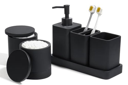 Bathroom Accessories Set, 6 Piece Soap Dispenser Set - Matte Black | Bathroom Set with Toothbrush Holders, Soap Dispenser, Vanity Tray, Tumbler, Cotton Swab Jars, Bathroom Organizer and Storage