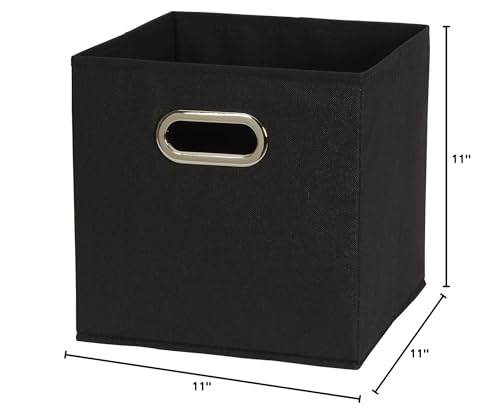 Household Essentials Foldable Fabric Storage Bins 6 Piece Set, Strong Poly-Woven Fabric, Sturdy Chipboard Sides, Grommet Front Handle, Stackable, Classic Design, Black