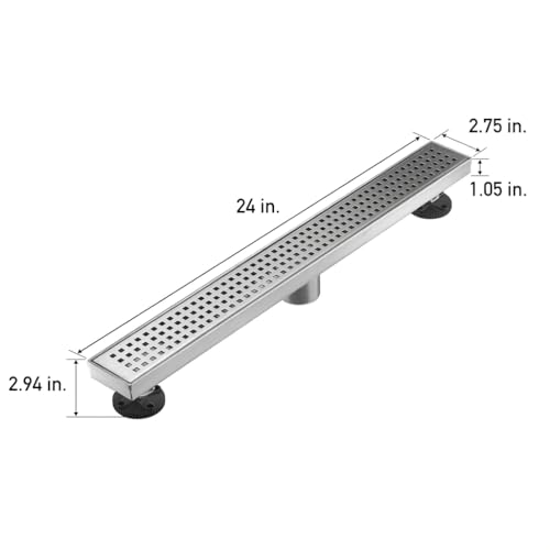 Linear Shower Floor Drain, Brushed Nickel 24 Inch 304 Stainless Steel Bathroom Drains Kit, Long Rectangular Shower Trench Drain with Square Pattern Drain Cover & Hair Catcher