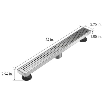 Linear Shower Floor Drain, Brushed Nickel 24 Inch 304 Stainless Steel Bathroom Drains Kit, Long Rectangular Shower Trench Drain with Square Pattern Drain Cover & Hair Catcher