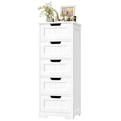 FOTOSOK Bathroom Cabinet, Bathroom Storage Cabinet with 5 Drawers, White | Narrow Bathroom Storage with Cut-Out Handles, 11.8” x 15.7” x 40.1”, Slim & Small Floor Cabinet for Laundry/Hallway
