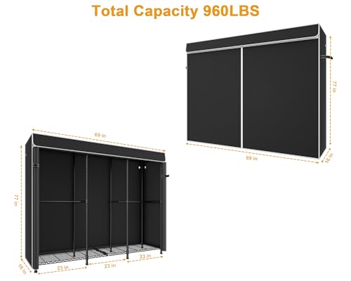 E14C Pro Heavy Duty Closet Organizer System，Freestanding Clothing Racks for Hanging Clothes，Adjustable Garment Rack 69" W × 16" D × 77" H Hold 960 lbs，Black Rack with Black Dustproof Cover