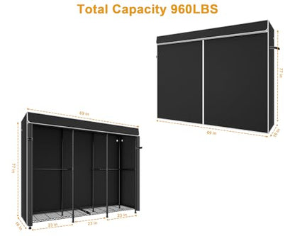E14C Pro Heavy Duty Closet Organizer System，Freestanding Clothing Racks for Hanging Clothes，Adjustable Garment Rack 69" W × 16" D × 77" H Hold 960 lbs，Black Rack with Black Dustproof Cover