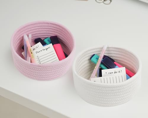 Small Woven Cotton Rope Baskets, Set of 3, White | Cute Mini Round Baskets, Gift and Storage Baskets, Nursery Organizer, Bathroom Bins, Decorative Boho Decor Tiny Baskets