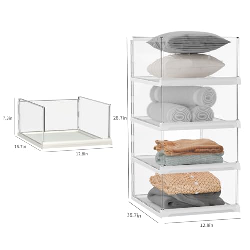 Vaela 4 Pack Stackable Closet Organizers and Storage Shelves,Transparent Multifunctional &Foldable Sweater Storage for Closet, Bathroom, Kitchen, Cupboard, Laundry Room, and Office