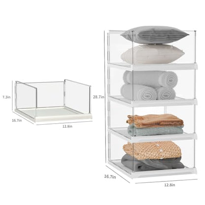 Vaela 4 Pack Stackable Closet Organizers and Storage Shelves,Transparent Multifunctional &Foldable Sweater Storage for Closet, Bathroom, Kitchen, Cupboard, Laundry Room, and Office