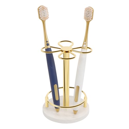 Toothbrush Holder Stand for Bathroom, Metal Toothbrush Organizer with Marble Base, Toothbrush Storage Collection for Family, Suitable for Home Hotel Countertop Vanity (Small, Gold)