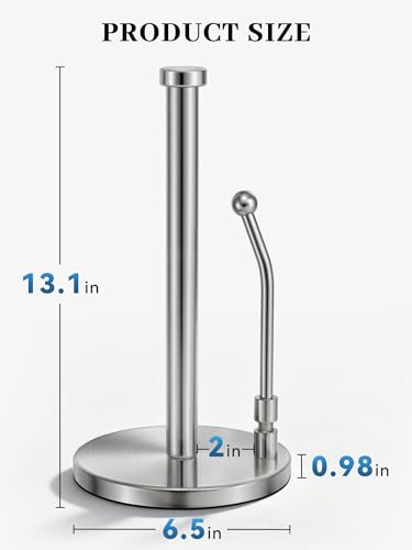 SMARTAKE Paper Towel Holder Countertop, Non-Slip Weighted Base, Silver | Freestanding Kitchen Roll Dispenser, Rustproof Stainless Steel, Spring Arm for Easy Tear, Widden Top, with 4 Suction Cups