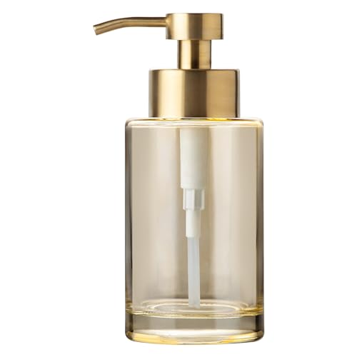 Enra Thick Glass Soap Dispenser, Gold Liquid Hand Bathroom Soap Dispenser | 12oz glass container with stainless steel pump. Refillable design with elegant style for countertops, kitchens