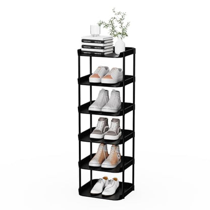 6 Tier Vertical Narrow Shoe Rack, Stackable Tall Skinny Shoerack, Compact Single Shoes Storage Tower for Slim Space, Corner Plastic Shelves, for Hallways, Entryway, Bedrooms Organizer, Black