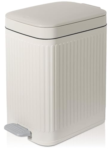 Small Bathroom Trash Can with Lid, 1.9 Gallon Slim Soft Close Step, Cream | Garbage Can with Pedal for Office, Bedroom, Kitchen & Living Room, Narrow Plastic Wastebasket Container for Small Spaces