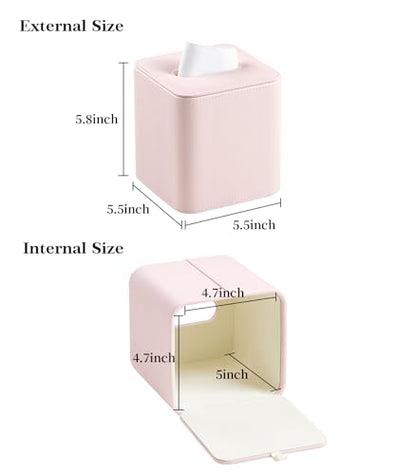 PU Leather Tissue Box Cover Square Tissue Box Holder, Pink | Magnetic Closure, Rounded Edges, Fits All Standard Cube Tissue Boxes, Decorative Tissue Holder for Living Room Bedroom Office