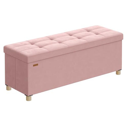 SONGMICS Storage Ottoman Bench, Folding Storage Chest, 15 x 43.3 x 15.7 Inches, Foot Rest Stool, 30 Gal. (112 L), Velvet Surface, for Bedroom, Entryway, Living Room, Jelly Pink ULSF0518R02