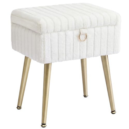 SONGMICS Vanity Stool Chair Faux Fur with Storage, Vanity Bench, Metal Legs, Adjustable Feet, for Living Room, Bedroom, Makeup Room, Cream White ULOM505WZ02