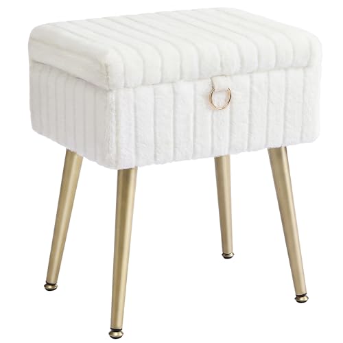 Vanity Stool Chair Faux Fur with Storage, Vanity B... (Cream White)