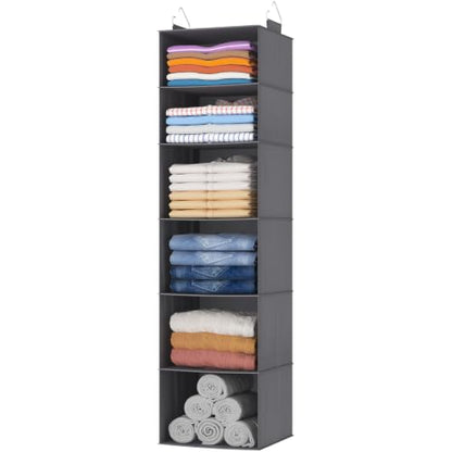 Lifewit 6 Tier Hanging Portable Closet Storage Organizer for Shelves, Beige | Foldable Clothes Shelf with 2 Sturdy Hooks, Sweater/Coat/Shoes Clothing Organization for Wardrobe, Dorm, Bedroom