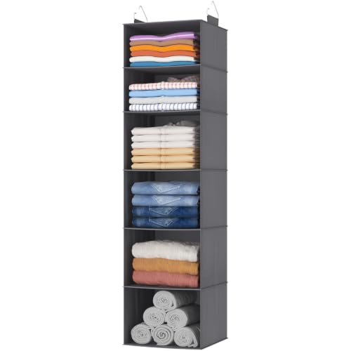 Lifewit 6 Tier Hanging Portable Closet Storage Organizer for Shelves, Beige | Foldable Clothes Shelf with 2 Sturdy Hooks, Sweater/Coat/Shoes Clothing Organization for Wardrobe, Dorm, Bedroom
