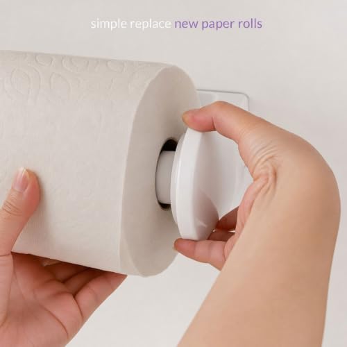 ONE Hand Simple Tear Paper Towel Holder Under Cabinet (White) | tension arms, tear one/more sheets at one time | aluminum alloy+abs | adhesive or drilling for wall/cabinet | for 28cm roll