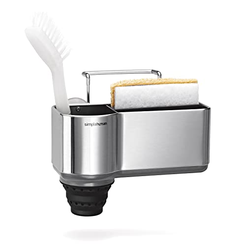 simplehuman Sink Caddy, Sponge Holder for Kitchen Sink with Compartment Dividers, 4 Suction Cups & Wire Ledge Hanger for Secure Mount, Vented Base for Fast Drying, Brushed Stainless Steel