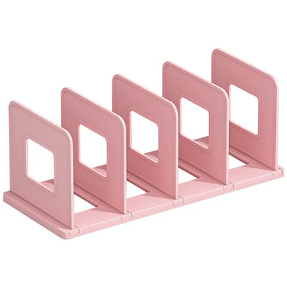 SAYEEC Desk File Sorter Vertical Desktop File Folder Organizer 4 Section Plastic Book Holder Adjustable Shelf Dividers Closet Purse Handbag Mail Binder Organizer Magazine Rack Stand Bookshelf (Pink)