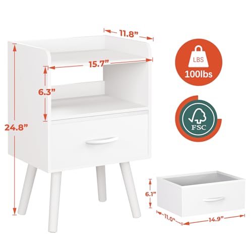 Yoobure Modern Nightstand with Drawer, Bedside Tables, Mid Century Nightstands with Open Storage Shelf, Wood Bedside Table, Small Night Stands for Bedrooms, 2-Tier Night Table
