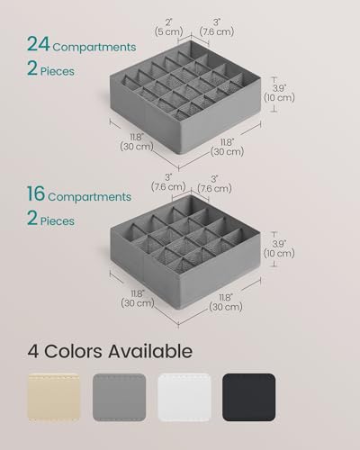 SONGMICS Set of 4 Drawer Organizers, Closet Organizers for Underwear, 80 Cells, Foldable Sock Holders, 11.8 x 11.8 x 3.9 Inches, for Storing Socks, Ties, Belts, Dove Gray URUS011G01