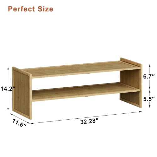 2 Tier Bamboo Shoe Rack, Extended Wood Shelf for Closet | Extended length fits more pairs. 6.7in height holds boots. Versatile for plants, books, sundries.