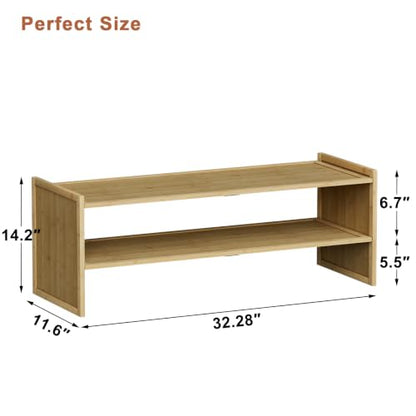 2 Tier Bamboo Shoe Rack, Extended Wood Shelf for Closet | Extended length fits more pairs. 6.7in height holds boots. Versatile for plants, books, sundries.