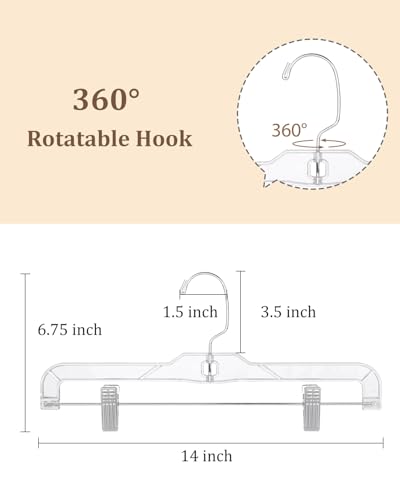Pants-Hangers-with-Clips-30-Pack, 14 Inch Clear-Plastic-Skirts-Hangers-with-Adjustable-Clips for Shorts Jeans Trousers, Clothes-Hangers Non-Slip Clip-Hangers