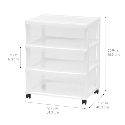 IRIS USA 3-Drawer Wide Storage Cart with Wheels, Organizer, White | Store clothing, towels, office supplies, craft materials and household essentials with organized storage around your home