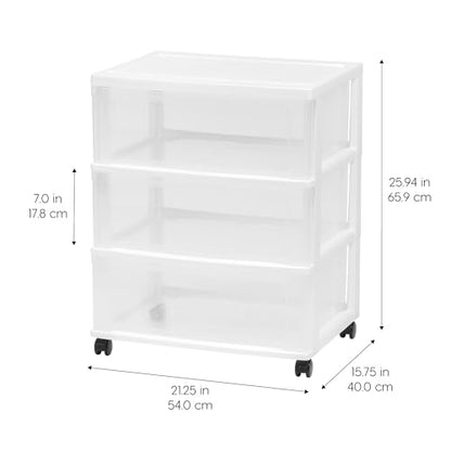 IRIS USA 3-Drawer Wide Storage Cart with Wheels, Organizer, White | Store clothing, towels, office supplies, craft materials and household essentials with organized storage around your home