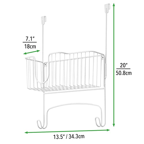 mDesign Steel Metal Over Door Ironing Board Holder with Large Storage Basket for Laundry, Utility, Mudroom, Garage - Holds Iron, Board, Spray Bottles, Starch, Detergent, Fabric Refresher - White