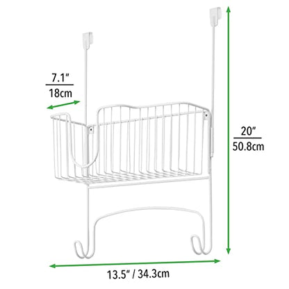 mDesign Steel Metal Over Door Ironing Board Holder with Large Storage Basket for Laundry, Utility, Mudroom, Garage - Holds Iron, Board, Spray Bottles, Starch, Detergent, Fabric Refresher - White