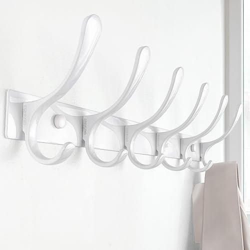 SKOLOO Heavy Duty Wall Mounted Coat Rack - 6 Hooks, Stainless Steel, Sturdy Coat Hooks for Hanging Clothes, Jacket, Hat, White