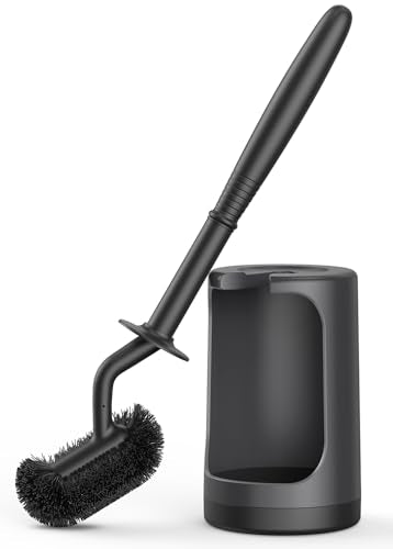 HAMITOR Toilet Bowl Brush Holder Set: Curved Design with Holder for Deep Cleaning Under Rim - Compact Hidden Scrubber for Small Space - Modern RV Bathroom Accessories - Black