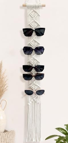 Besoamo Macrame Sunglasses Holder for Wall, Boho Eyeglasses Organizer Holds Up to 10 Pairs, Handmade Cotton Rope Glasses Rack, Hanging Eyewear Display Storage for Home, Bedroom, Entryway, Closet