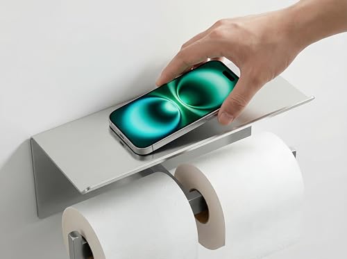 FORIOUS Toilet Paper Holder with Shelf, Commercial Toilet Paper Dispenser | Brushed Nickel | SUS304 Stainless Steel Wall Mount Double Bathroom Tissue Roll Holder for Hotel, Apartments, etc