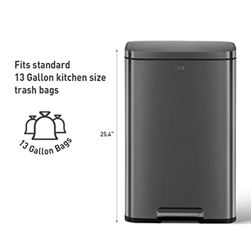 EKO Madison Matte Black Stainless Steel 13.2 Gal/50L Kitchen Step Trash Can or Recycling Bin, Removable Inner Liner, Soft Close Lid, Fingerprint Resistant Finish