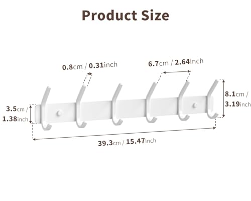 Coat Rack Wall Mount Hooks - 15 Inch White Metal 6-Hook Rack(2 Pack) | Modern Kids Room, Entryway & Bathroom Hanger for Towels, Coats, Purses, Bags