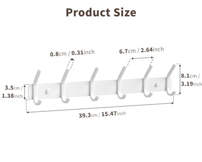 Coat Rack Wall Mount Hooks - 15 Inch White Metal 6-Hook Rack(2 Pack) | Modern Kids Room, Entryway & Bathroom Hanger for Towels, Coats, Purses, Bags