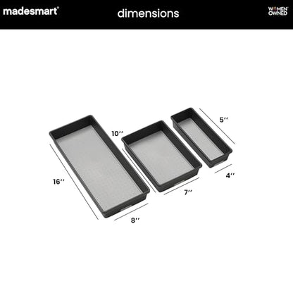 madesmart Classic 3 Bin Drawer Organizer Set, Granite | non slip feet, rounded corners, modular layout, mixed sizes, custom fit, office craft supplies, makeup tools, woman owned