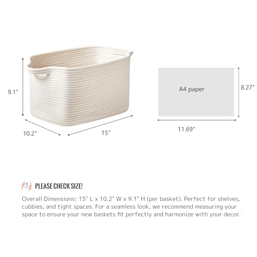 R RUNKA Cotton Rope Basket Set of 3 (15"x10.2"x9.1") - Rectangle Storage Bins - Versatile Toy Storage Organizer - Perfect for Kids, Dog Toys, Books, Shelves - White