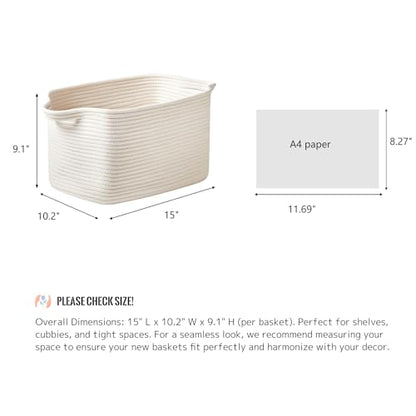 R RUNKA Cotton Rope Basket Set of 3 (15"x10.2"x9.1") - Rectangle Storage Bins - Versatile Toy Storage Organizer - Perfect for Kids, Dog Toys, Books, Shelves - White